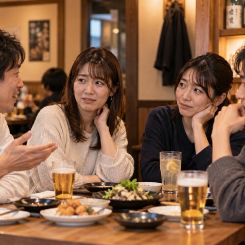 何気ない質問をされて少し困った表情を見せる女性と友人たち