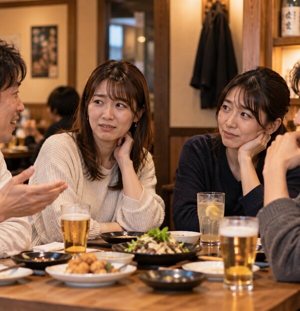 何気ない質問をされて少し困った表情を見せる女性と友人たち