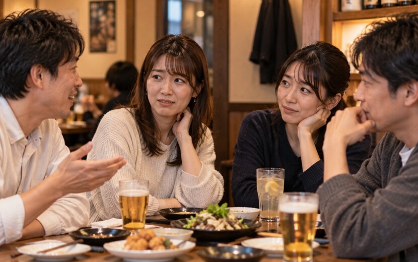 何気ない質問をされて少し困った表情を見せる女性と友人たち