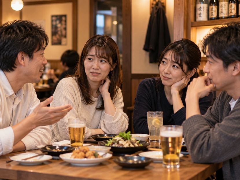 何気ない質問をされて少し困った表情を見せる女性と友人たち