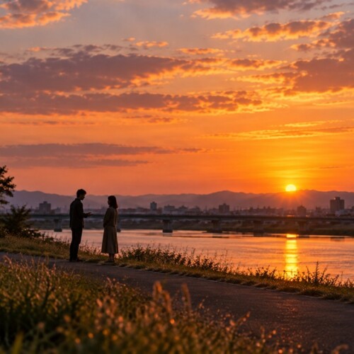 夕暮れの河川敷で相手に思いの丈をぶつける二人