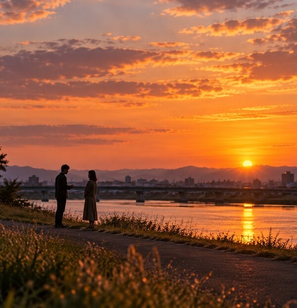 夕暮れの河川敷で相手に思いの丈をぶつける二人
