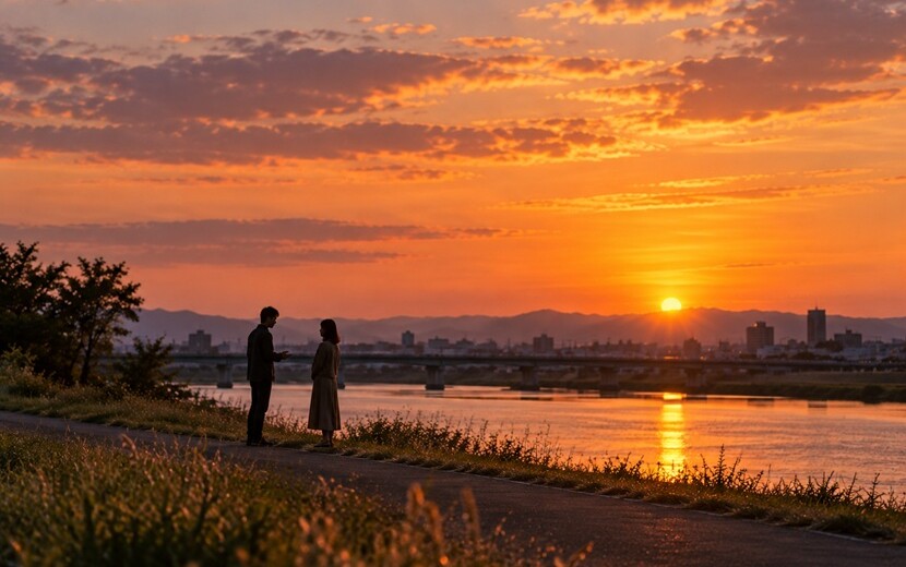 夕暮れの河川敷で相手に思いの丈をぶつける二人