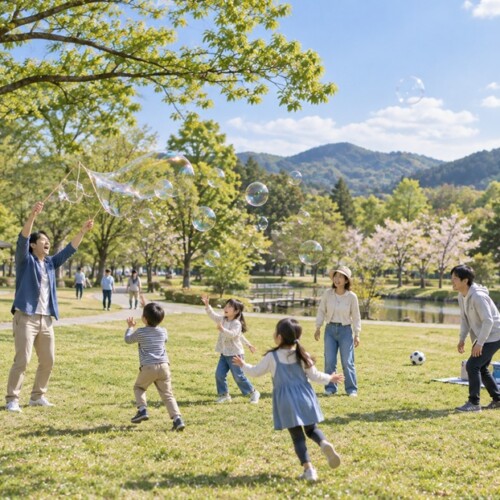 春の公園で子どもと無邪気に遊ぶ大人と笑顔の家族