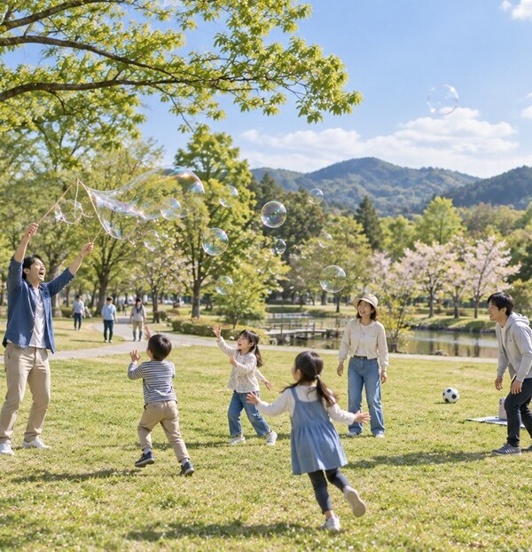 春の公園で子どもと無邪気に遊ぶ大人と笑顔の家族