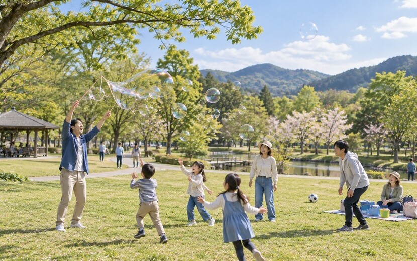 春の公園で子どもと無邪気に遊ぶ大人と笑顔の家族