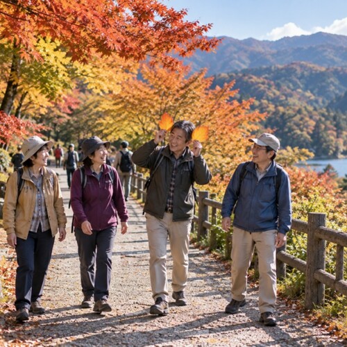 秋の旅行先で落ち葉を使って友人を笑わせるお茶目な男性