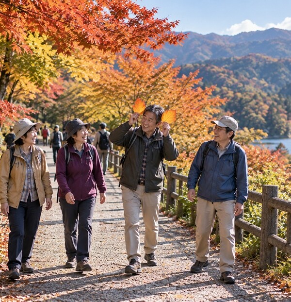 秋の旅行先で落ち葉を使って友人を笑わせるお茶目な男性