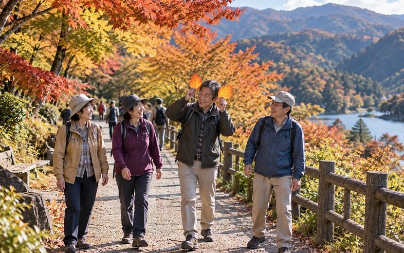 秋の旅行先で落ち葉を使って友人を笑わせるお茶目な男性