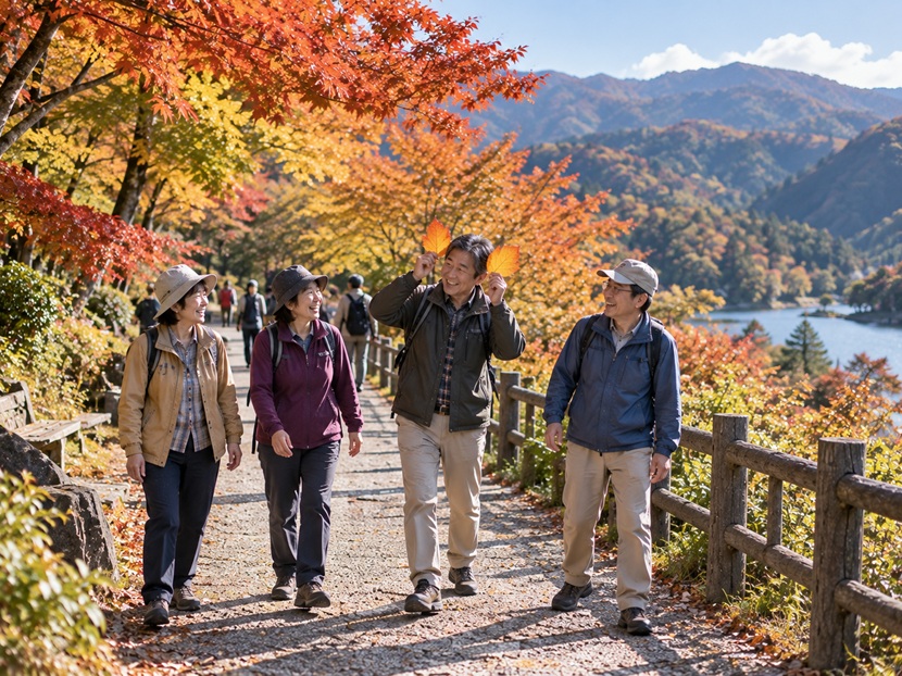 秋の旅行先で落ち葉を使って友人を笑わせるお茶目な男性