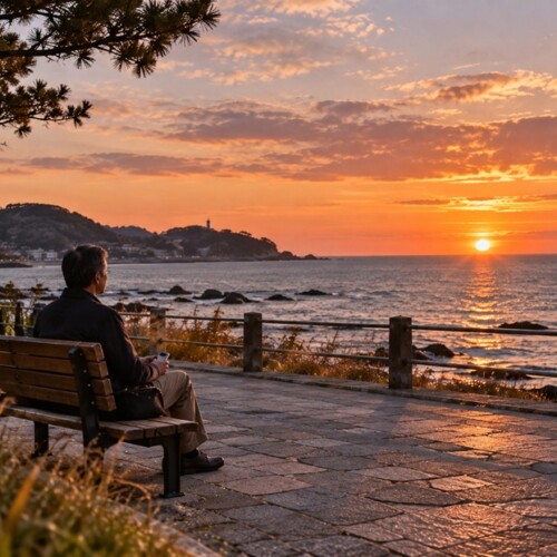 夕暮れの海辺で心にしみる出来事の余韻を静かに感じる人物