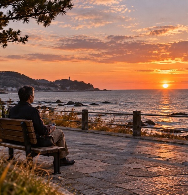 夕暮れの海辺で心にしみる出来事の余韻を静かに感じる人物