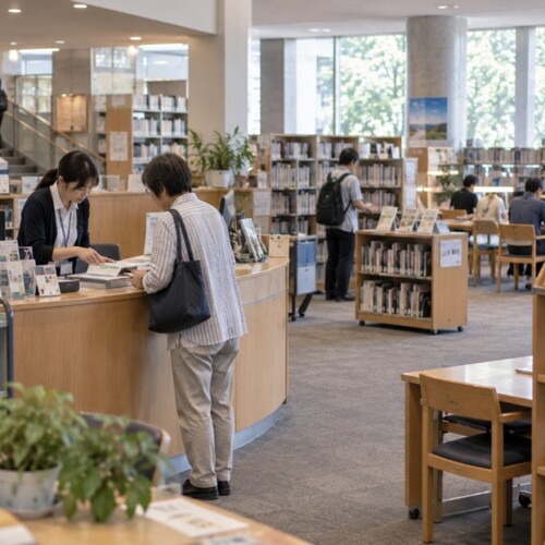 利用者の事情に合わせて案内する図書館スタッフ