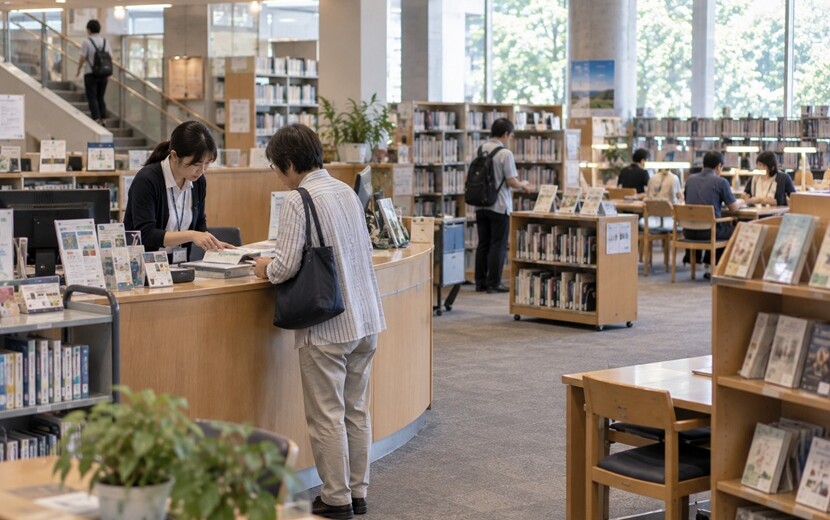 利用者の事情に合わせて案内する図書館スタッフ