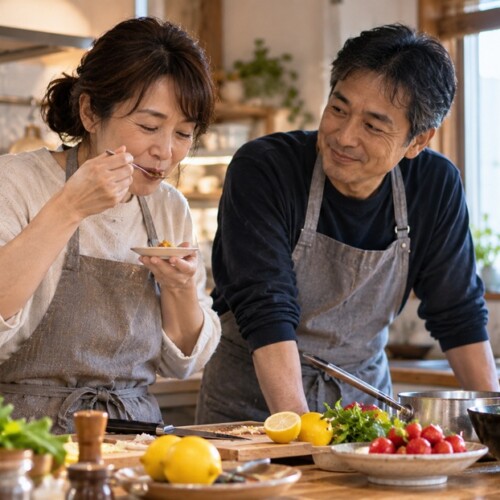さまざまな味を確かめながら一緒に料理をする日本人男女