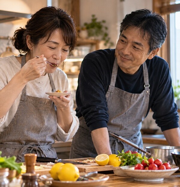 さまざまな味を確かめながら一緒に料理をする日本人男女