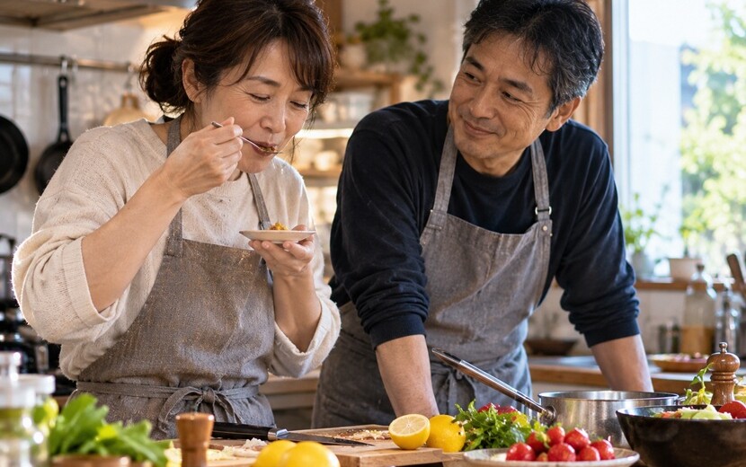 さまざまな味を確かめながら一緒に料理をする日本人男女