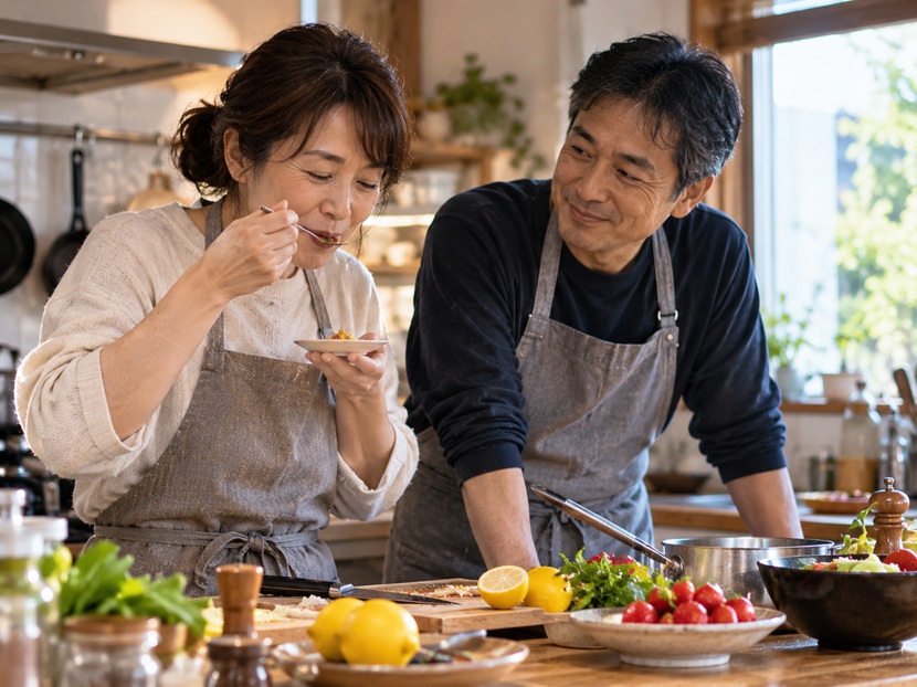 さまざまな味を確かめながら一緒に料理をする日本人男女