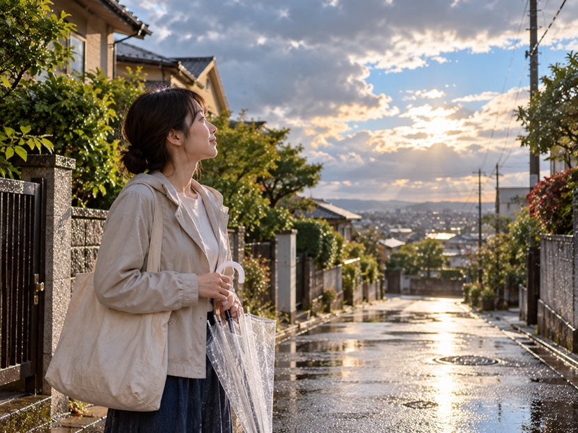 雨上がりの空を見上げる女性と晴れ間が広がる日本の住宅街