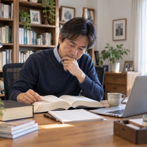 辞書を開いて漢字の読み方や語源を調べる人物