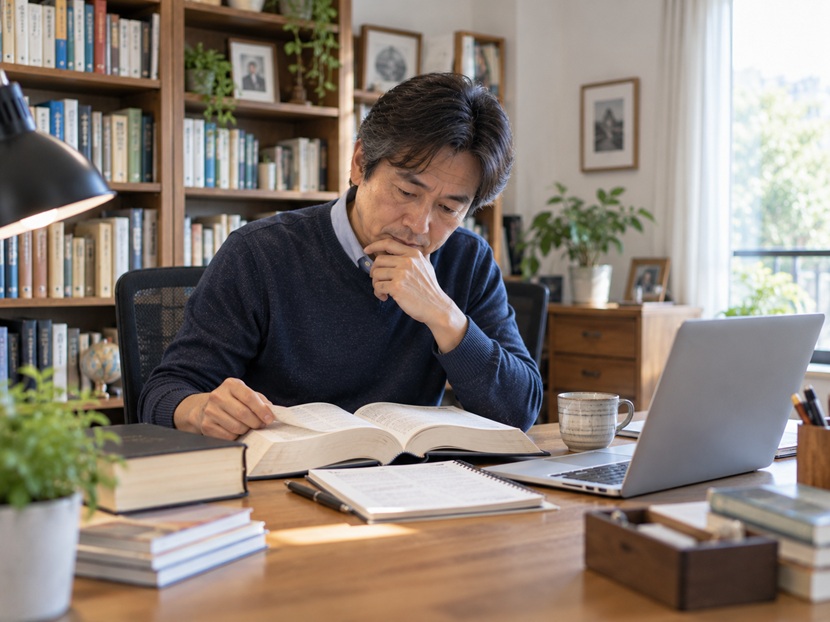 辞書を開いて漢字の読み方や語源を調べる人物