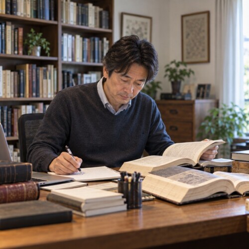 古い辞書や資料を使って出納という言葉の語源を調べる人物