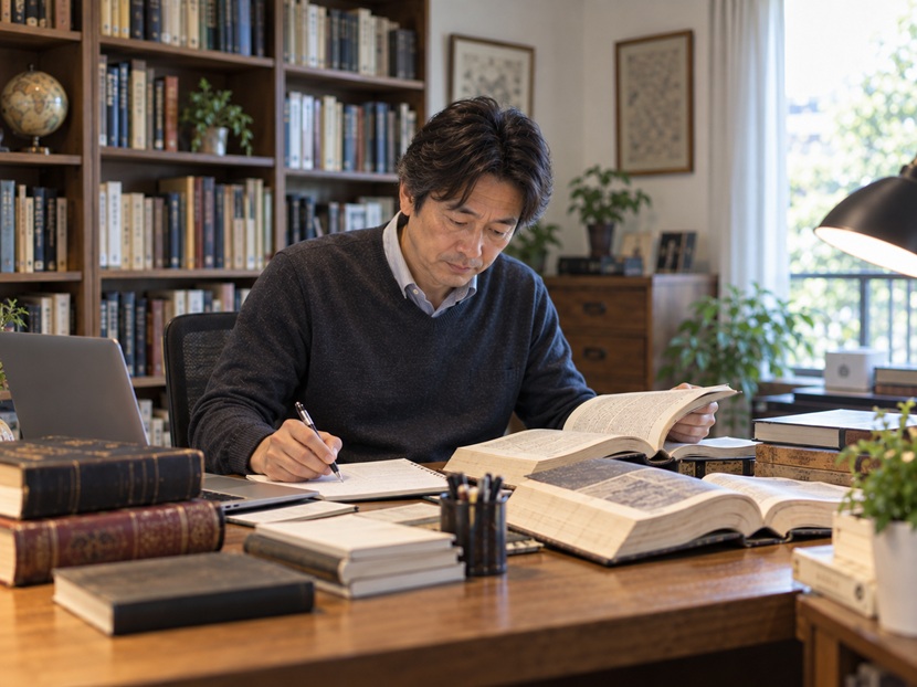 古い辞書や資料を使って出納という言葉の語源を調べる人物