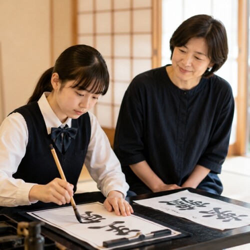 生まれ持った書道の才能を発揮する少女