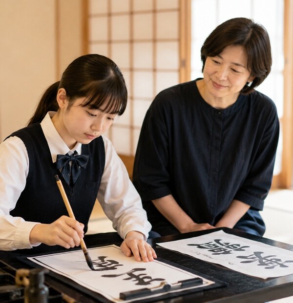 生まれ持った書道の才能を発揮する少女