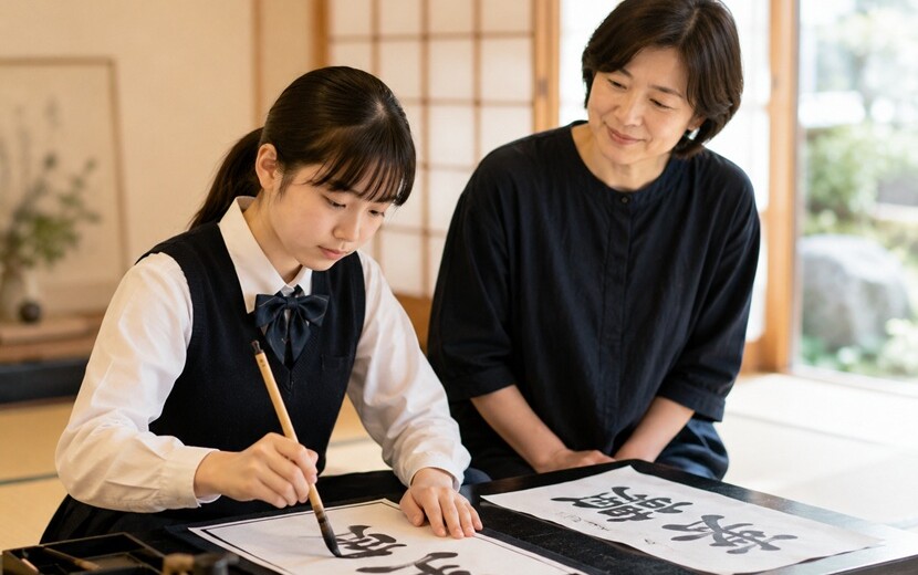 生まれ持った書道の才能を発揮する少女