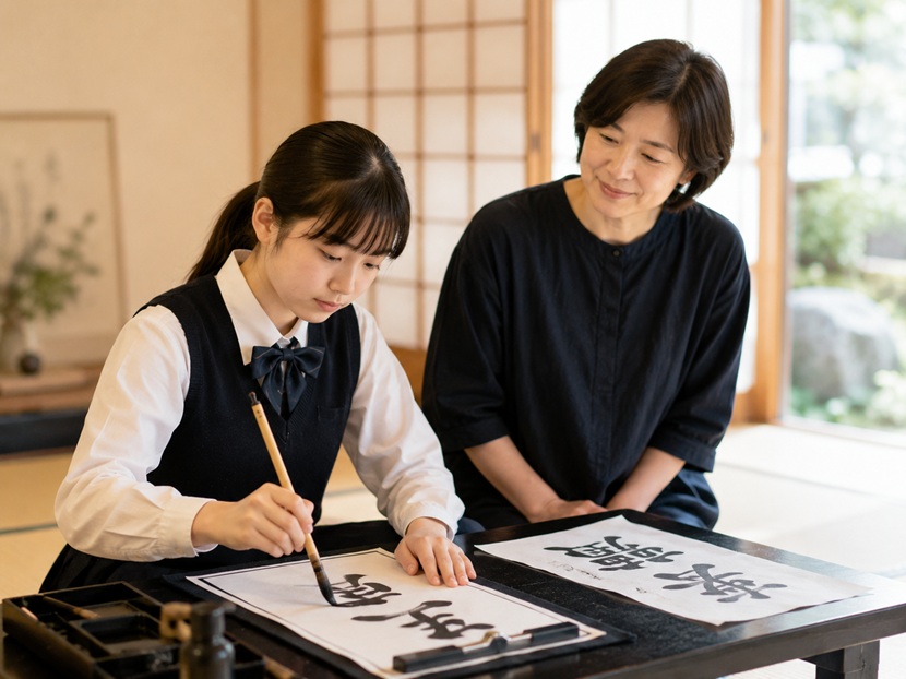 生まれ持った書道の才能を発揮する少女