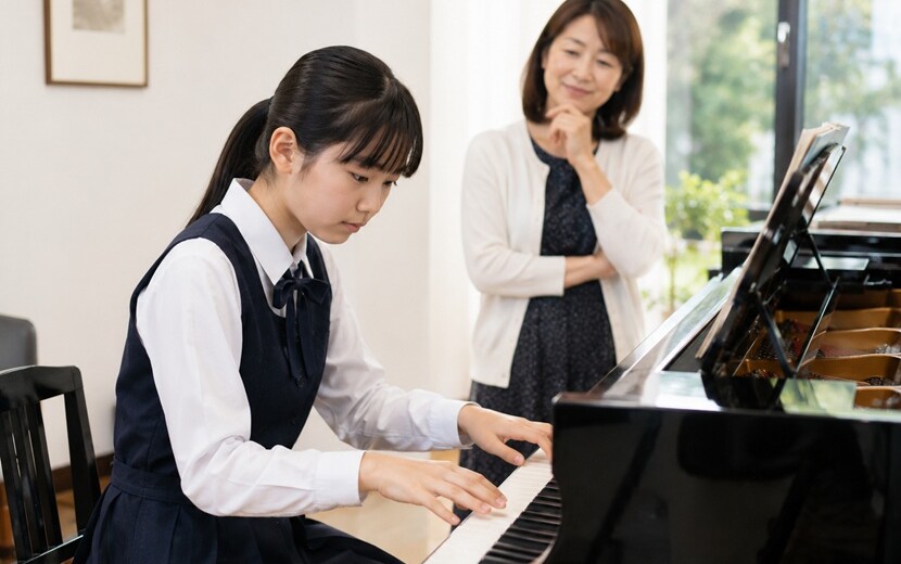 優れた音楽の才能を発揮してピアノを演奏する少女
