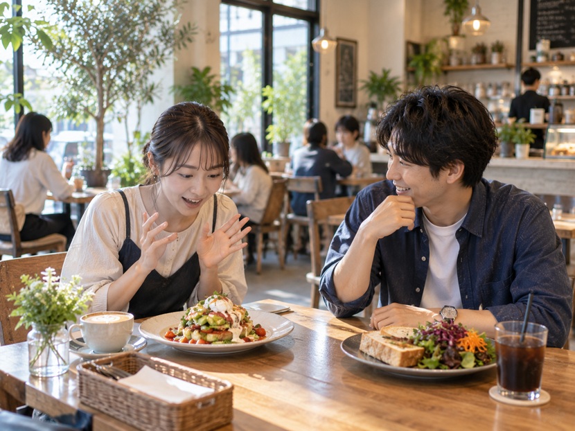 「やばい」という言葉を使って会話する若い男女