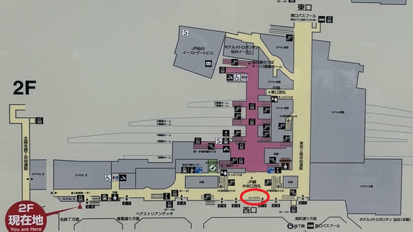 仙台駅のステンドグラス前の場所を示した構内図