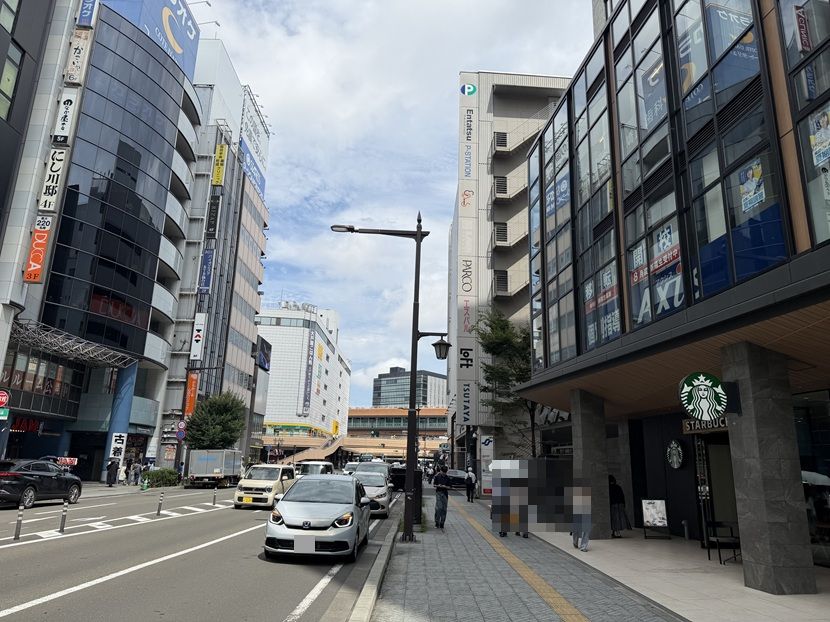 ダイワロイネットホテル前から仙台駅西口方面を見た道路と歩道