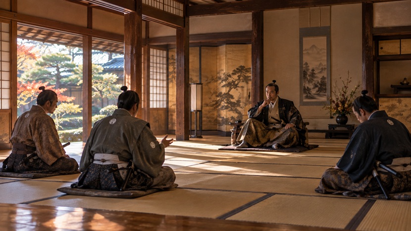 伊達政宗の名言「まともでない」の意味をイメージした戦国武将と家臣の評議風景