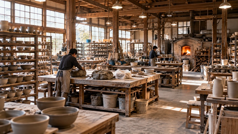広い陶芸工房で身体を使って粘土や器を扱う職人の作業風景