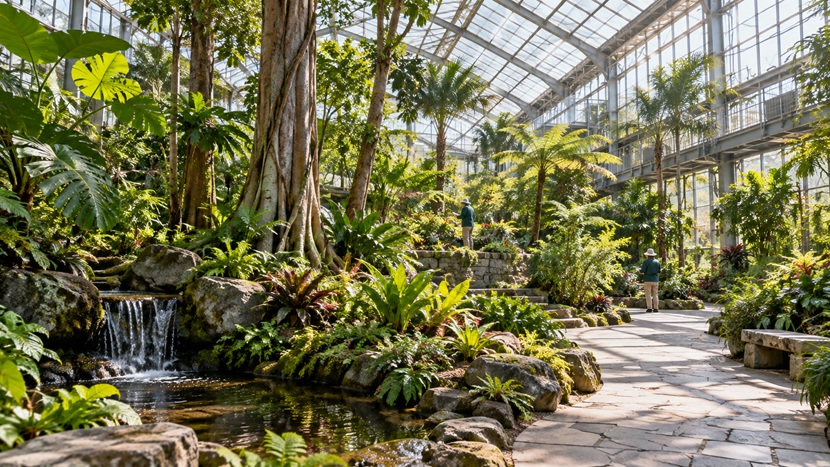 植物や土や通路など実際に存在するものが広がる温室