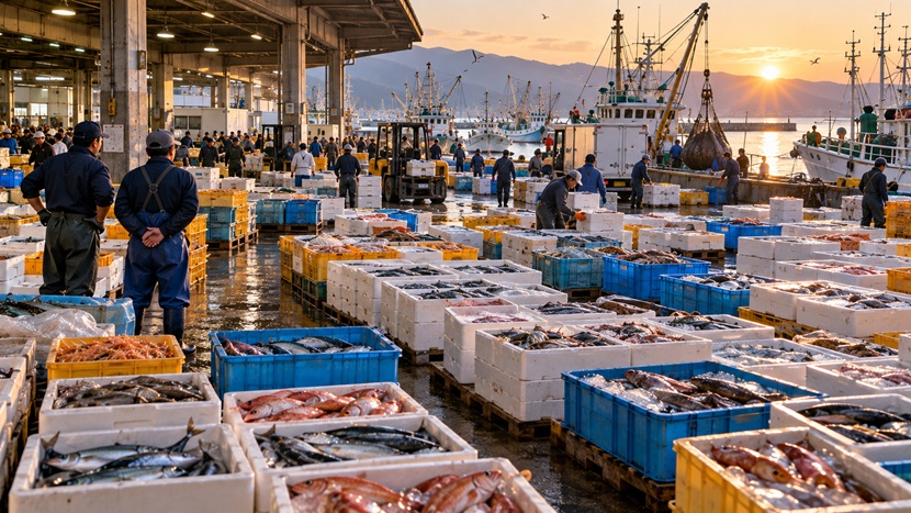 魚市場に並んだ大量の魚箱と水揚げされた魚