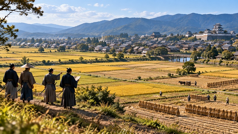 江戸時代を思わせる田園で農地の様子を確認する人々