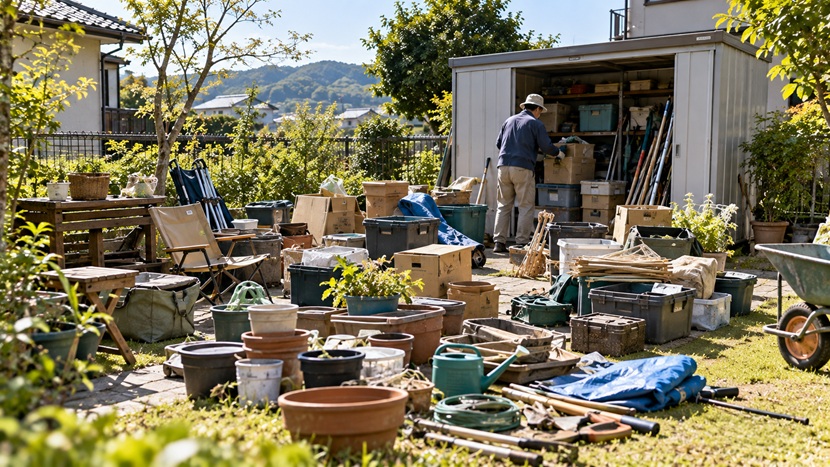 物置から予想以上に多くの荷物を出して庭で整理している様子