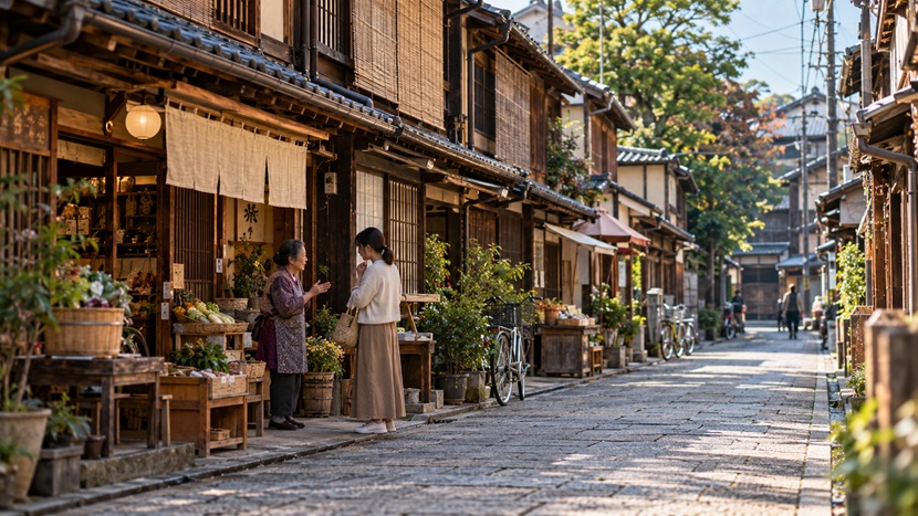 京都の昔ながらの商店街で交わされる日常会話と京都弁のイメージ
