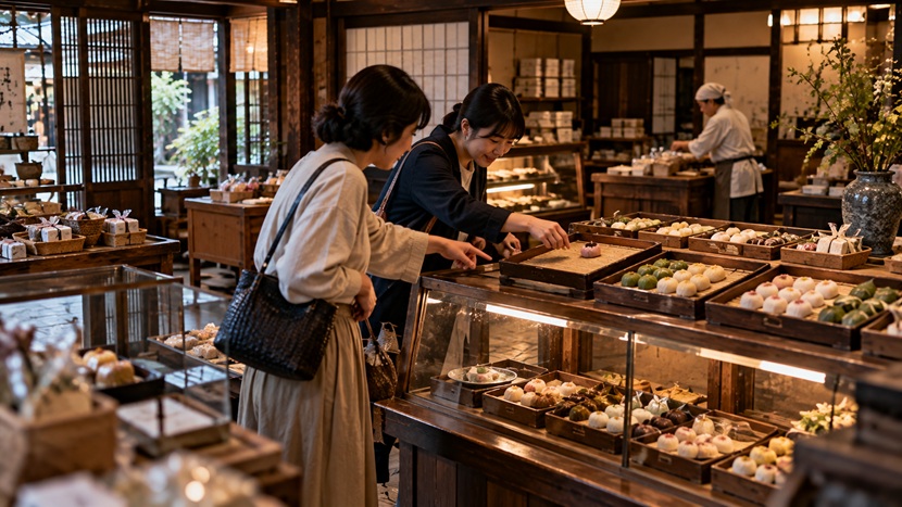和菓子をめぐる親しい二人の軽いいたずらから「いけず」のニュアンスを表した場面