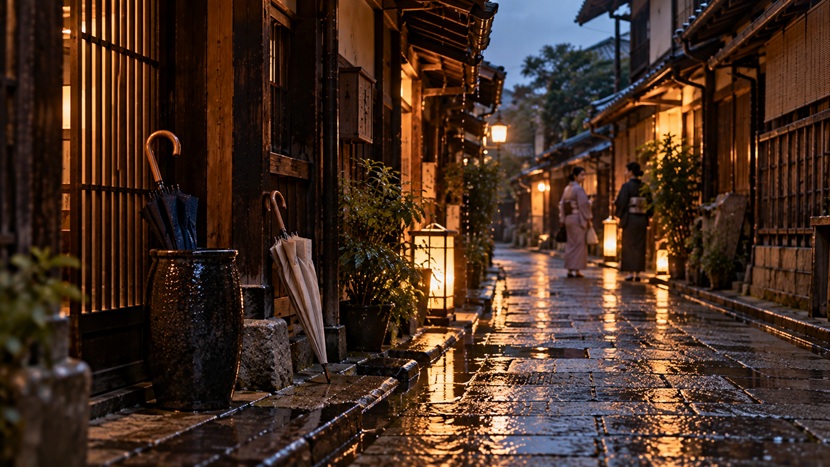 京都の雨上がりの路地で言葉の微妙なニュアンスを表現した風景