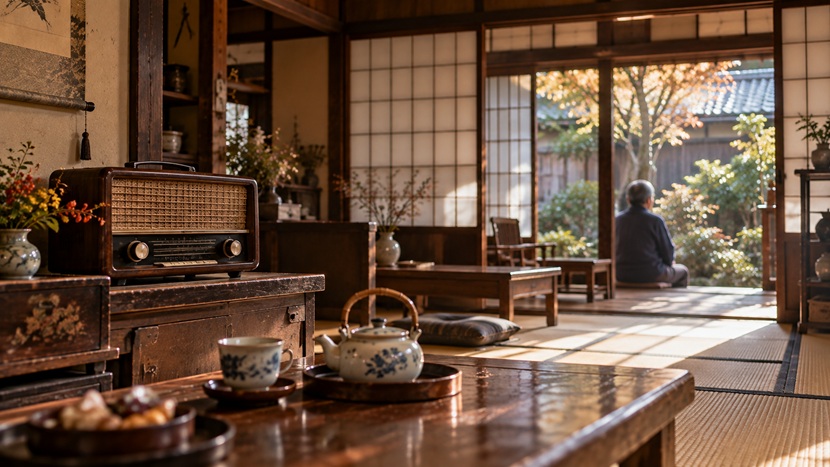 京都の町家の居間に置かれたラジオと日常の風景