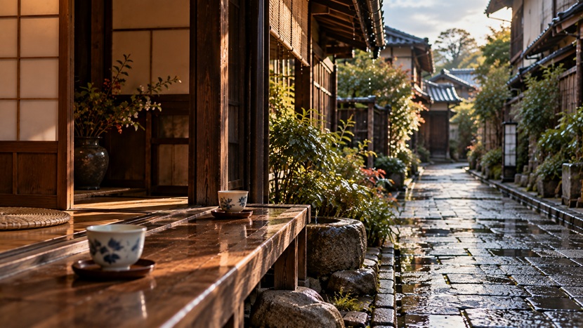 雨上がりの京都の町家と二つの湯飲みが残された縁側