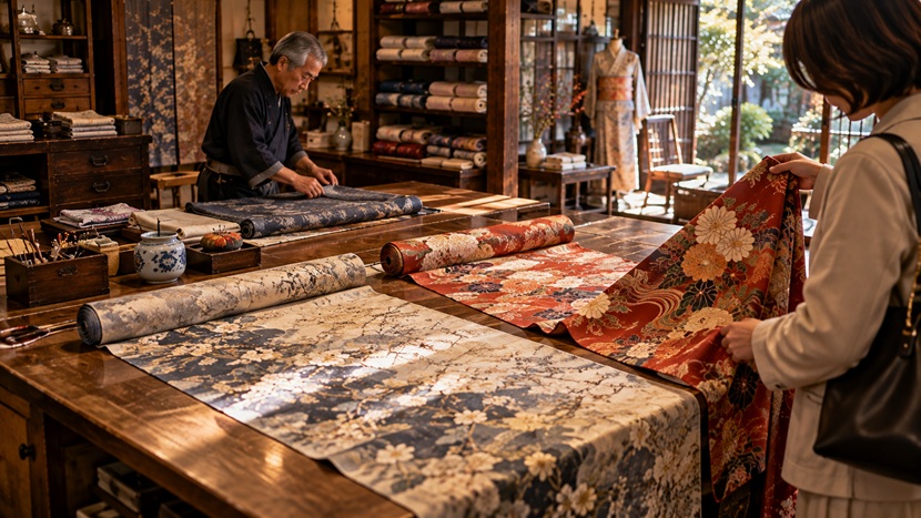 京都の仕立て屋で二種類の反物を見比べる様子