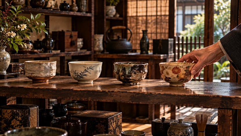 京都の茶道具店に並ぶ特徴の異なる四つの茶碗