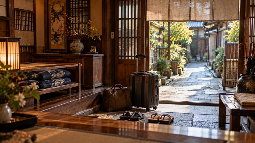 京都の古い宿の玄関に並べられた客の履物と旅行鞄