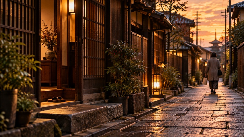 夕暮れの京都の路地を帰っていく訪問客の後ろ姿